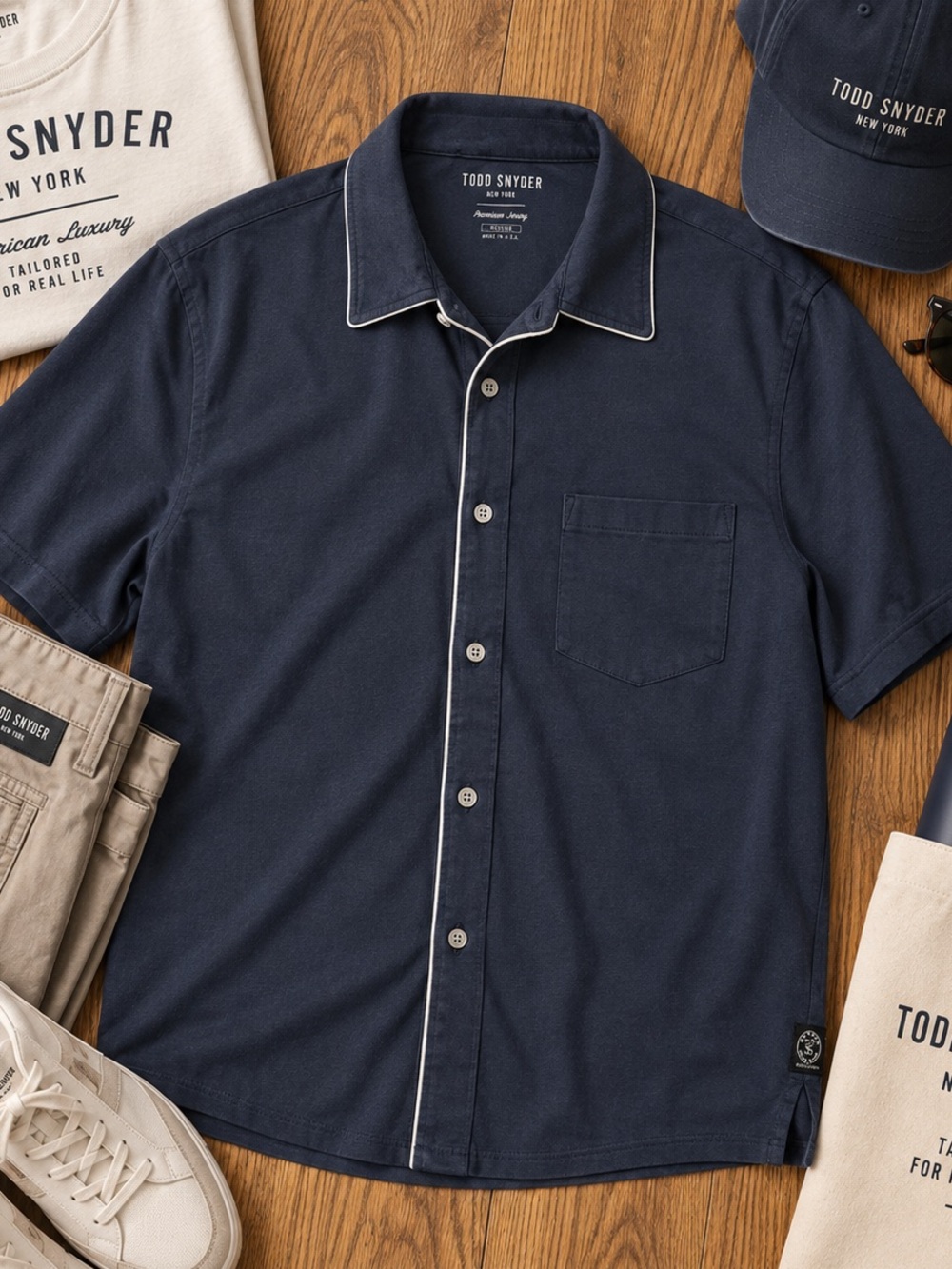 Todd Snyder Shirt Mens M Navy Montauk Tipped Full Placket Polo Premium Jersey
